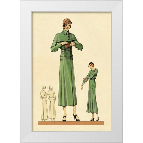 Emerald Dress and Overcoat White Modern Wood Framed Art Print by Vintage Fashion