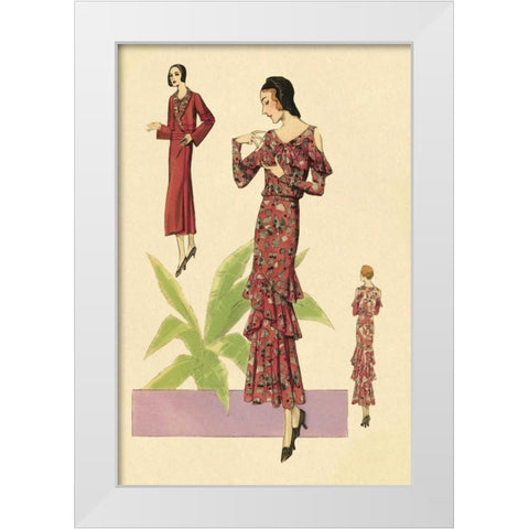 Party Dress with Ruffles and Flowers White Modern Wood Framed Art Print by Vintage Fashion