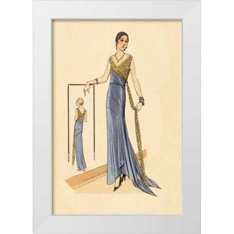Evening Gown in Blue and Gold White Modern Wood Framed Art Print by Vintage Fashion