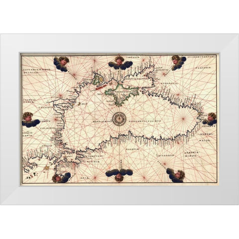 Portolan or Navigational Map of the Black Sea showing anthropomorphic winds White Modern Wood Framed Art Print by Agnese, Battista