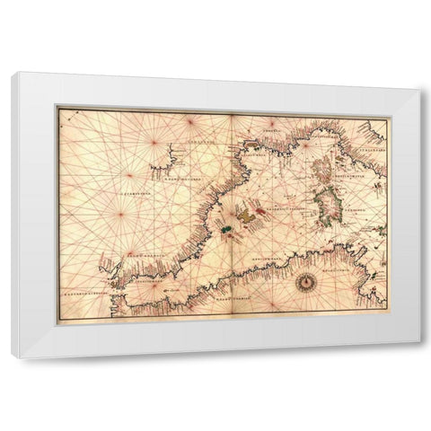 Portolan or Navigational Map of the Western Mediterranean from Gibraltar to Piedmont and Sardinia White Modern Wood Framed Art Print by Agnese, Battista