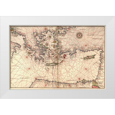 Portolan or Navigational Map of Greece, the Mediterranean and the Levant White Modern Wood Framed Art Print by Agnese, Battista