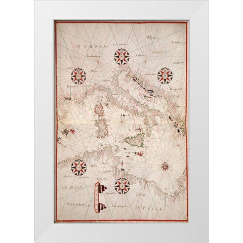 Portolan atlas of the Mediterranean Sea, western Europe, and the northwest coast of Africa - Central White Modern Wood Framed Art Print by Oliva, Joan