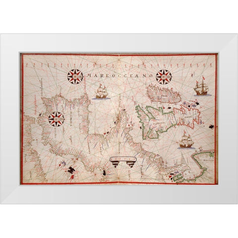 Portolan Map of Spain, England, Ireland and France White Modern Wood Framed Art Print by Oliva, Joan