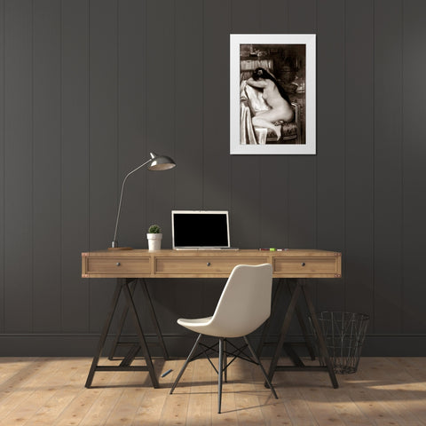 Asleep in the Study White Modern Wood Framed Art Print by Vintage Nudes