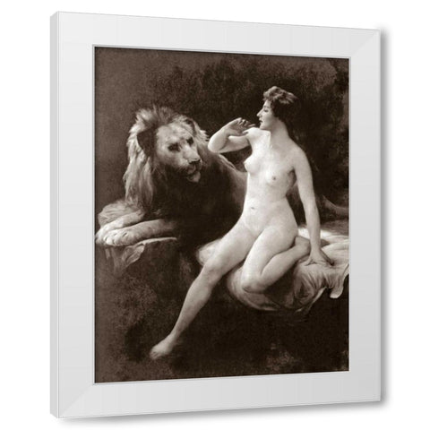 Nude with a Lion White Modern Wood Framed Art Print by Vintage Nudes