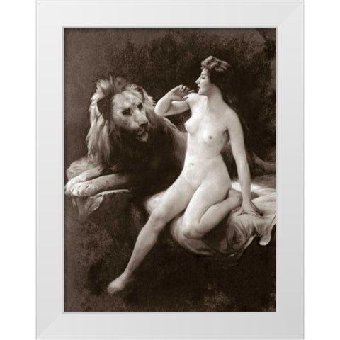 Nude with a Lion White Modern Wood Framed Art Print by Vintage Nudes