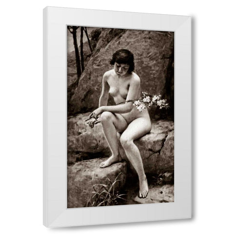 Nude with Flowers White Modern Wood Framed Art Print by Vintage Nudes