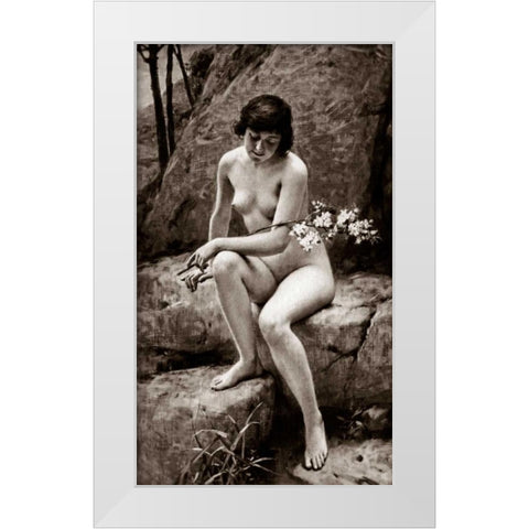 Nude with Flowers White Modern Wood Framed Art Print by Vintage Nudes