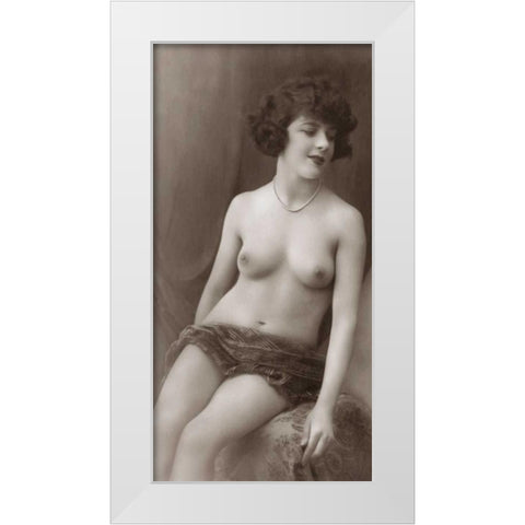 Nude in Pearls White Modern Wood Framed Art Print by Vintage Nudes
