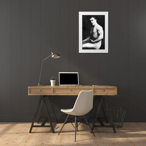Arm Curl from Seated Pose White Modern Wood Framed Art Print by Vintage Muscle Men