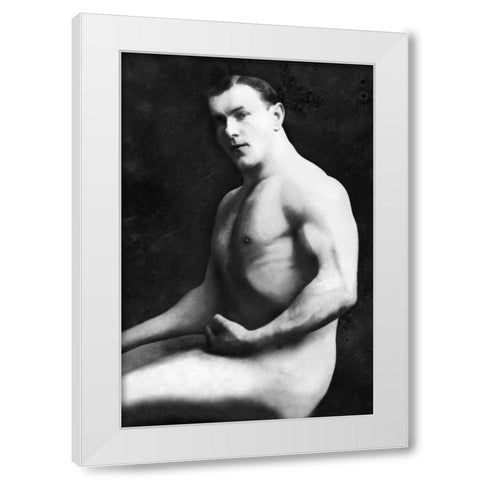Arm Curl from Seated Pose White Modern Wood Framed Art Print by Vintage Muscle Men