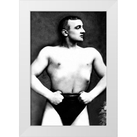 Bodybuilder with Thumbs Tucked in Belt White Modern Wood Framed Art Print by Vintage Muscle Men