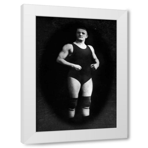 Bodybuilder in Wrestling Outfit and Knee Pads White Modern Wood Framed Art Print by Vintage Muscle Men