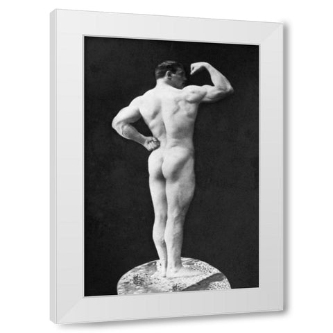 Statuesque Back and Arm Curl White Modern Wood Framed Art Print by Vintage Muscle Men