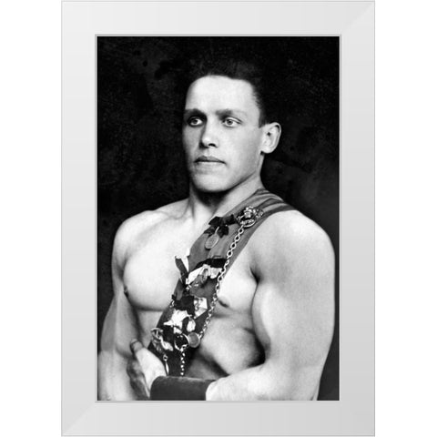 Russian Wrestler with Medals White Modern Wood Framed Art Print by Vintage Wrestler