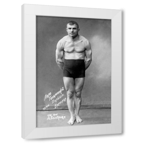 Flexing Russian Wrestler White Modern Wood Framed Art Print by Vintage Wrestler