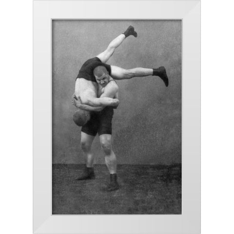 Ready to Drop: Russian Wrestlers White Modern Wood Framed Art Print by Vintage Wrestler