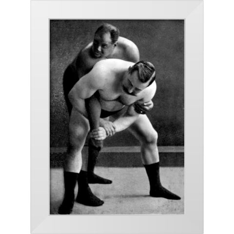 Wrist Lock: Russian Wrestlers White Modern Wood Framed Art Print by Vintage Wrestler