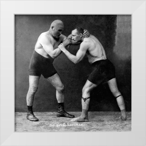 Russian Wrestlers White Modern Wood Framed Art Print by Vintage Wrestler
