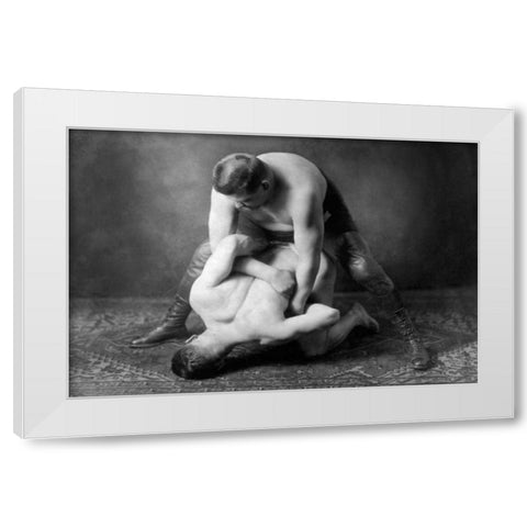 Half Nelson White Modern Wood Framed Art Print by Vintage Wrestler
