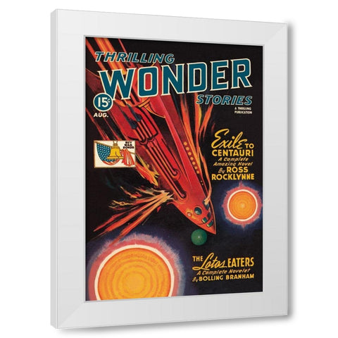 Thrilling Wonder Stories: Rocket Ship Troubles White Modern Wood Framed Art Print by Retrosci-fi