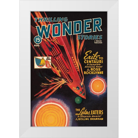 Thrilling Wonder Stories: Rocket Ship Troubles White Modern Wood Framed Art Print by Retrosci-fi
