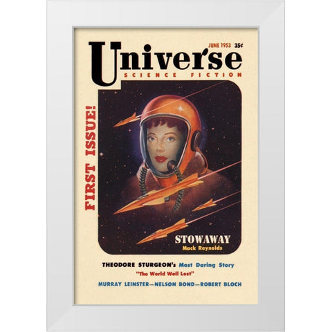 Universe Science Fiction: Rocket Girl White Modern Wood Framed Art Print by Retrosci-fi