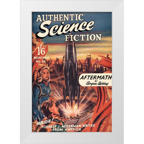 Authentic Science Fiction: Blast Off White Modern Wood Framed Art Print by Retrosci-fi