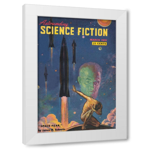 Astounding Science Fiction: Space Fear White Modern Wood Framed Art Print by Retrosci-fi