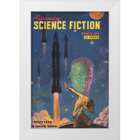Astounding Science Fiction: Space Fear White Modern Wood Framed Art Print by Retrosci-fi