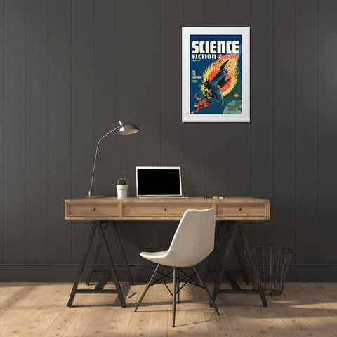 Science Fiction Quarterly: Comet Crashes into Rocket White Modern Wood Framed Art Print by Retrosci-fi
