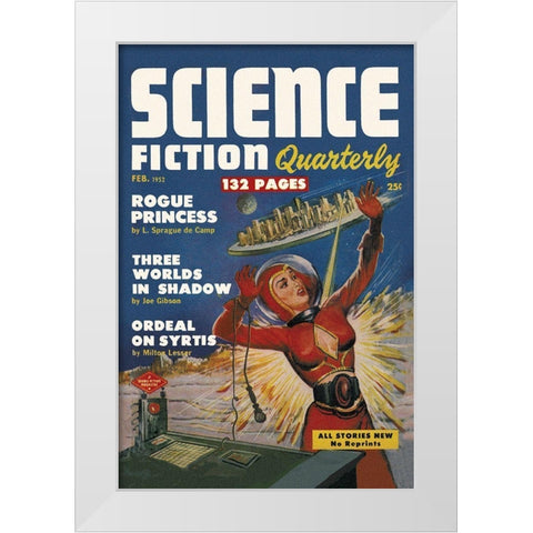 Science Fiction Quarterly: Attack of the Flying City White Modern Wood Framed Art Print by Retrosci-fi
