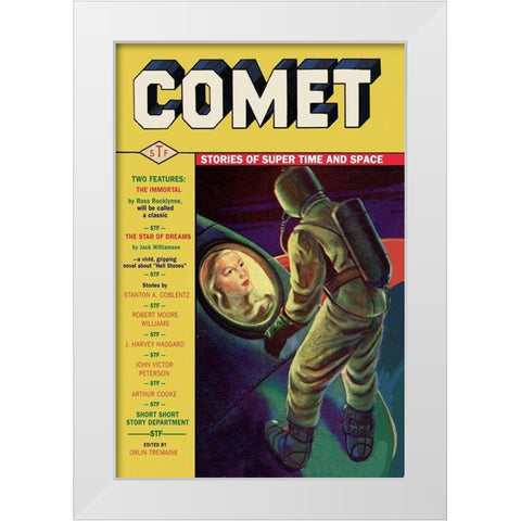 Comet: Beautiful Woman in Rocket Window White Modern Wood Framed Art Print by Retrosci-fi