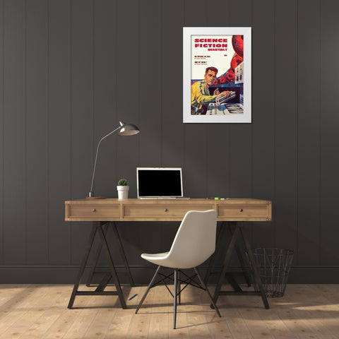 Science Fiction Quarterly: Setting Explosives White Modern Wood Framed Art Print by Retrosci-fi