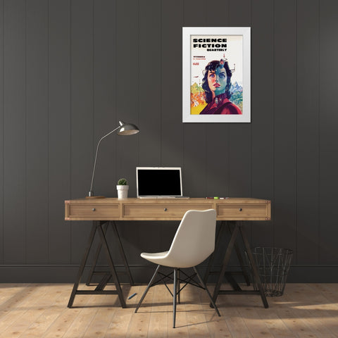 Science Fiction Quarterly: Woman with Forehead Transmitter White Modern Wood Framed Art Print by Retrosci-fi