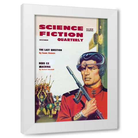 Science Fiction Quarterly: Astronaut Sizes up the Aliens White Modern Wood Framed Art Print by Retrosci-fi