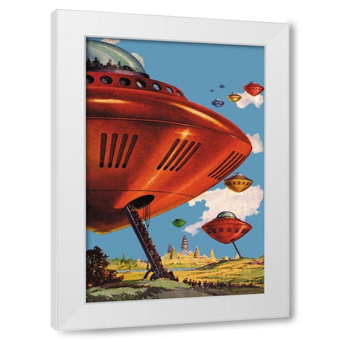 Spaceships at Angkor Wat White Modern Wood Framed Art Print by Retrosci-fi