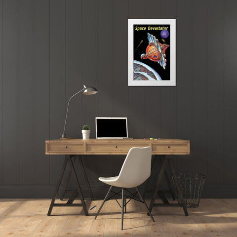 Space Devastator White Modern Wood Framed Art Print by Retrosci-fi