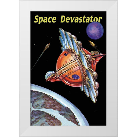 Space Devastator White Modern Wood Framed Art Print by Retrosci-fi