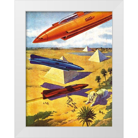 Spaceships in Ancient Egypt White Modern Wood Framed Art Print by Retrosci-fi