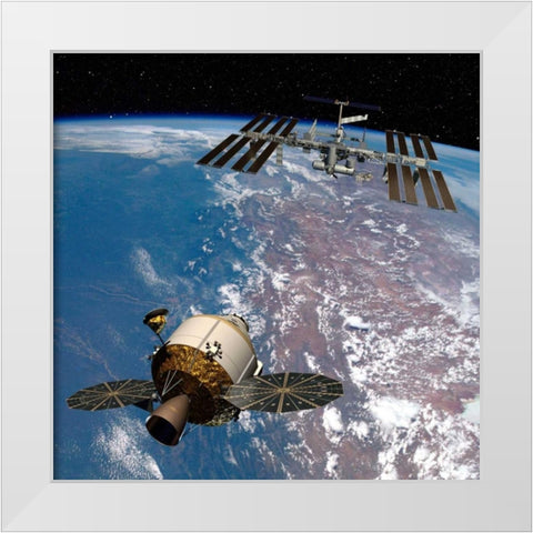 Orion Docking at the International Space Station, Project Constellation White Modern Wood Framed Art Print by NASA