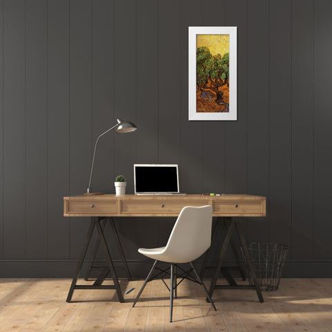 Olive Trees With Yellow Sky And Sun - left White Modern Wood Framed Art Print by Van Gogh, Vincent