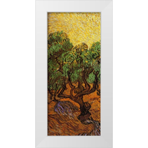 Olive Trees With Yellow Sky And Sun - left White Modern Wood Framed Art Print by Van Gogh, Vincent