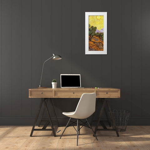Olive Trees With Yellow Sky And Sun (center) White Modern Wood Framed Art Print by Van Gogh, Vincent