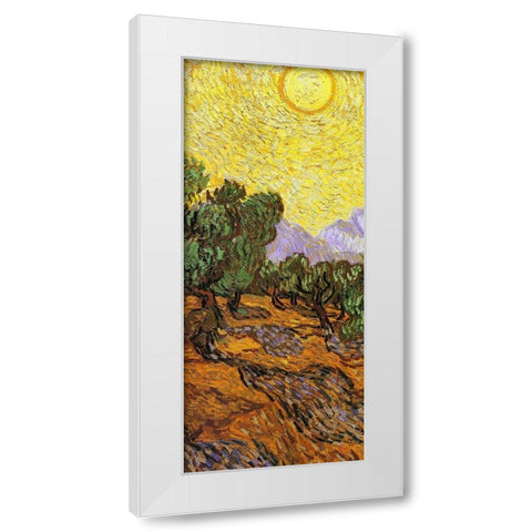 Olive Trees With Yellow Sky And Sun (center) White Modern Wood Framed Art Print by Van Gogh, Vincent