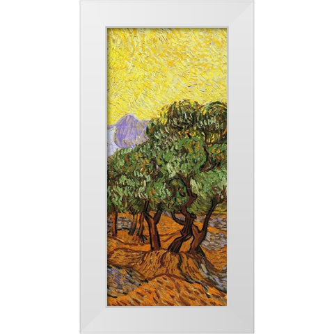 Olive Trees With Yellow Sky And Sun (right) White Modern Wood Framed Art Print by Van Gogh, Vincent
