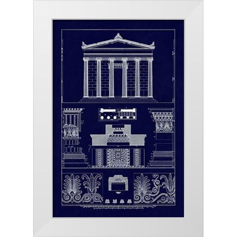 Portico, Coffer and Palmette-Ornament (Blueprint) White Modern Wood Framed Art Print by Buhlmann, J.