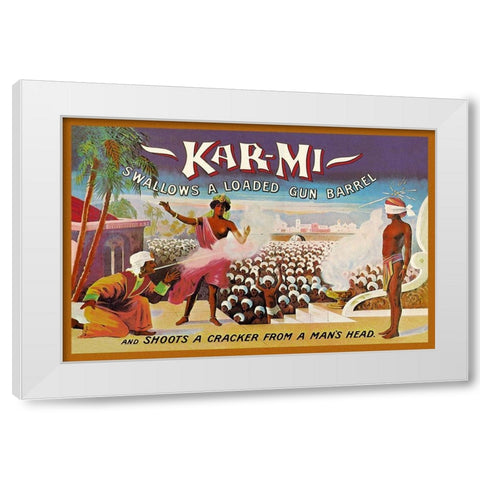 Magicians: Kar-Mi Swallows a Loaded Gun Barrel and Shoots a Cracker from a Mans Head White Modern Wood Framed Art Print by Hallworth, Joseph B.