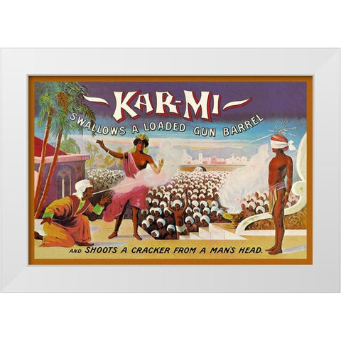 Magicians: Kar-Mi Swallows a Loaded Gun Barrel and Shoots a Cracker from a Mans Head White Modern Wood Framed Art Print by Hallworth, Joseph B.